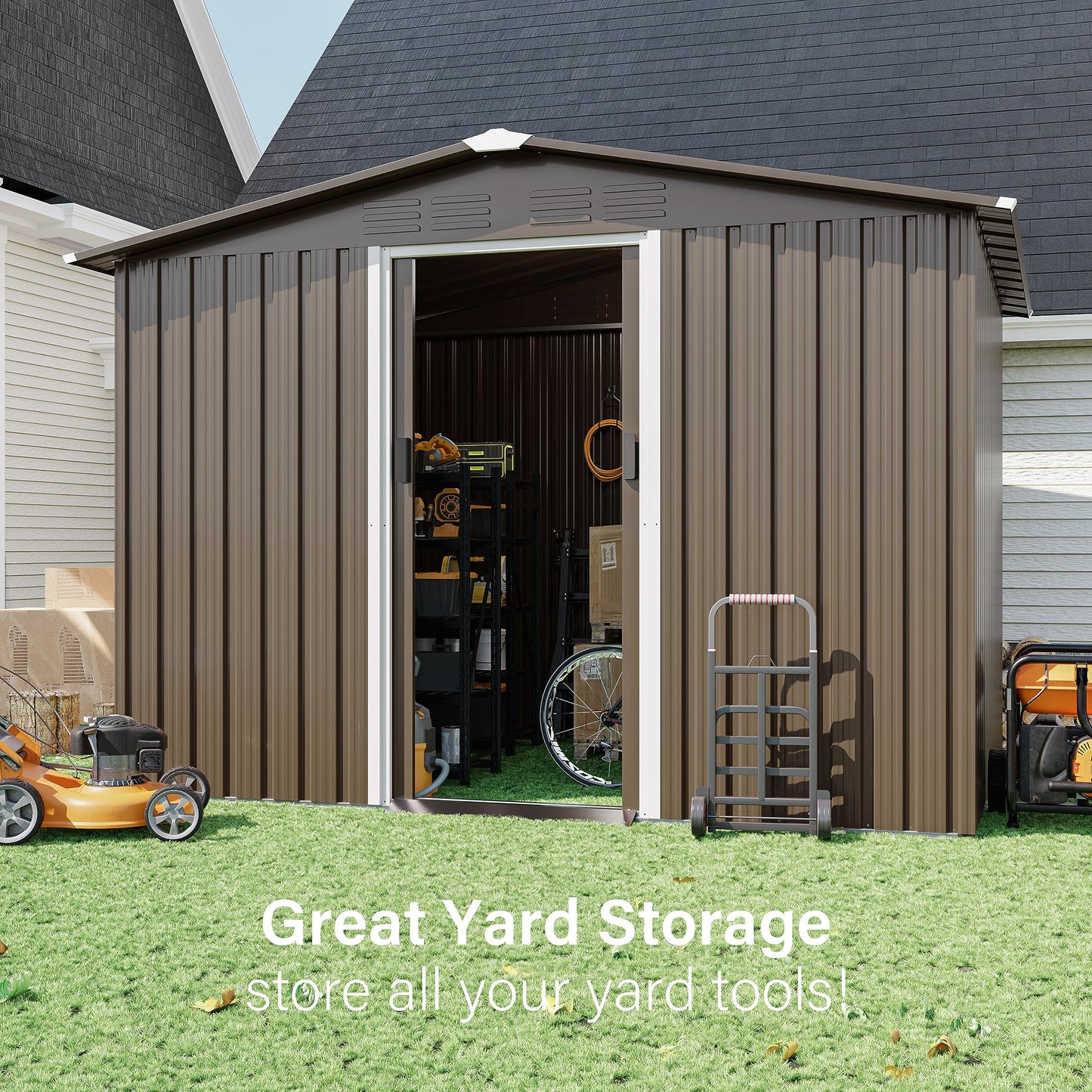 RTDTD 8FT x 6FT Outdoor Storage Shed, Waterproof, Lockable Door Metal Tool Shed with Sliding Door and Air Vents, Storage House for Gardening Tools, Metal Storage Shed for Garden, Backyard, La - WoodArtSupply