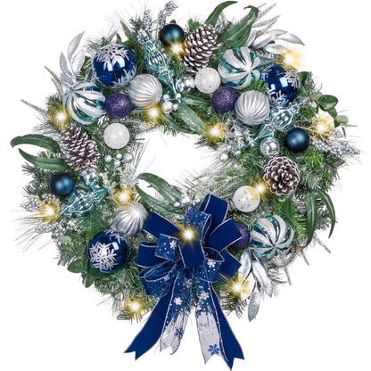 Valery Madelyn 30 Inch Pre-Lit Christmas Wreath for Front Door with Lights, Large Lighted Christmas Wreath with Silver Blue Xmas Ball for Fireplace Window Outdoor Table Centerpiece Holiday Decoration