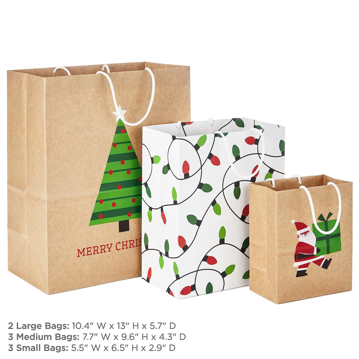 Hallmark Christmas Gift Bags for Kids (8 Bags: 3 Small 6", 3 Medium 9", 2 Large 13") Recyclable Kraft with Santa, Lights and Tree Hallmark