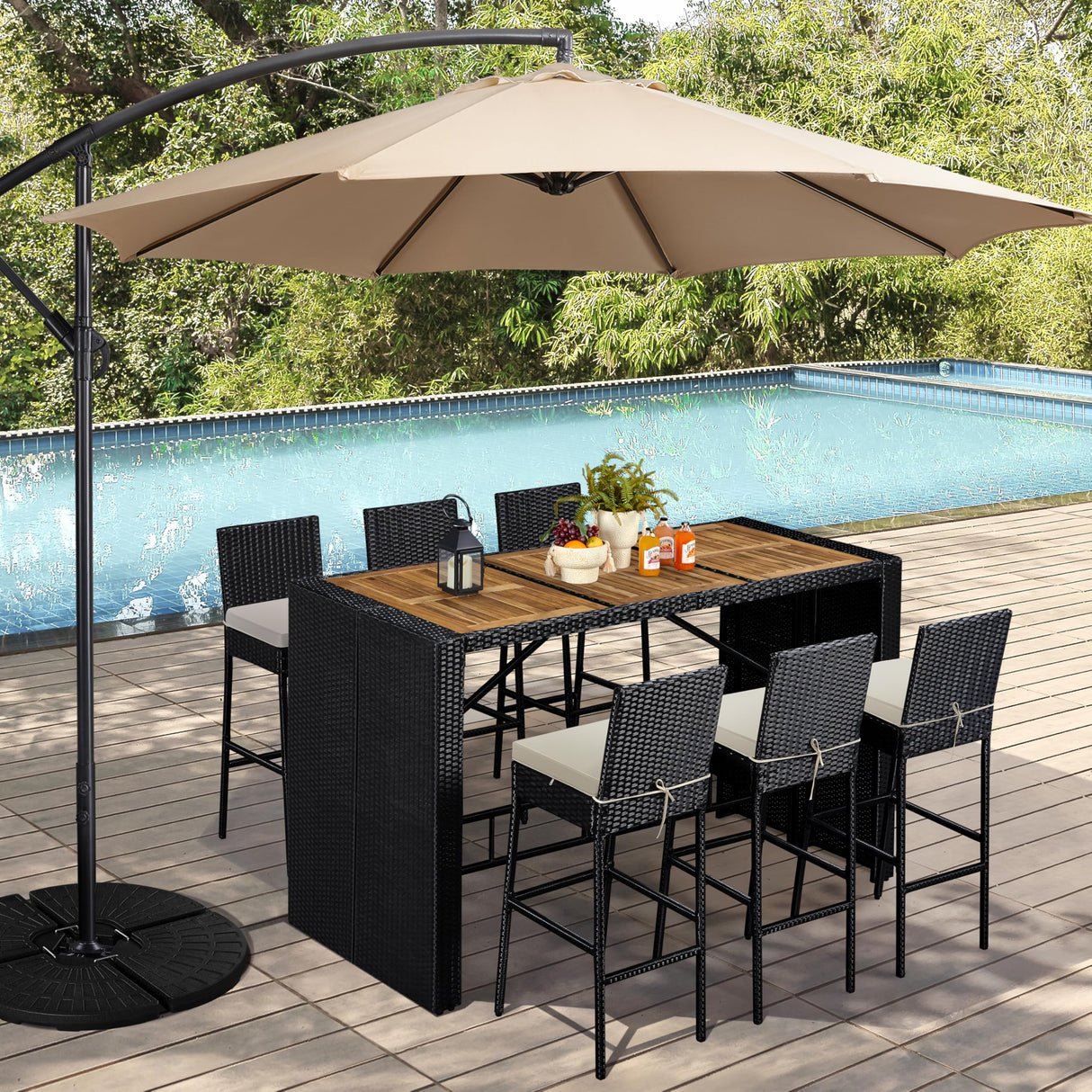 Yaheetech 7 Piece Patio Dining Set Outdoor Acacia Wood Bar Table and Chairs with Removable Cushions, Wicker Furniture Set for Deck, Backyard, Garden, Black/Beige Yaheetech