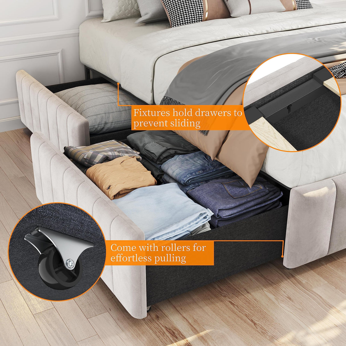 Yaheetech Upholstered Queen Bed Frame with 4 Storage Drawers and Modern Design Yaheetech