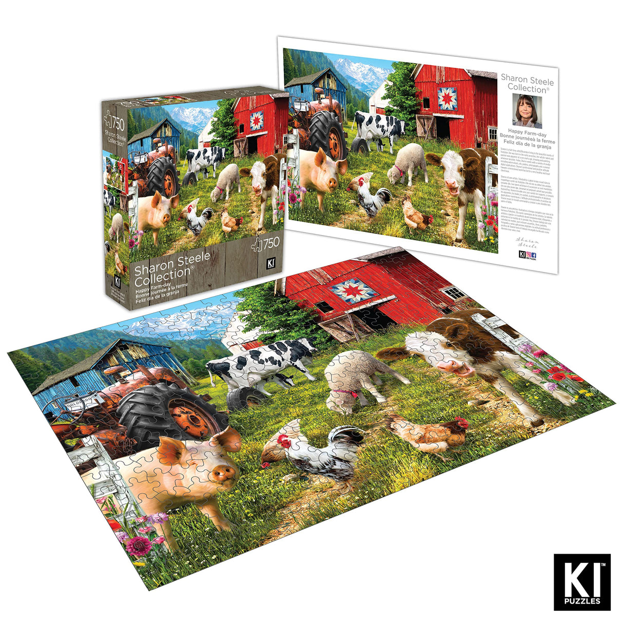 750 Piece Puzzle for Adults Sharon Steele Happy Farm Day, 27x20 inch Whimsical Farm Animal Scene Jigsaw by KI Puzzles KI Puzzles