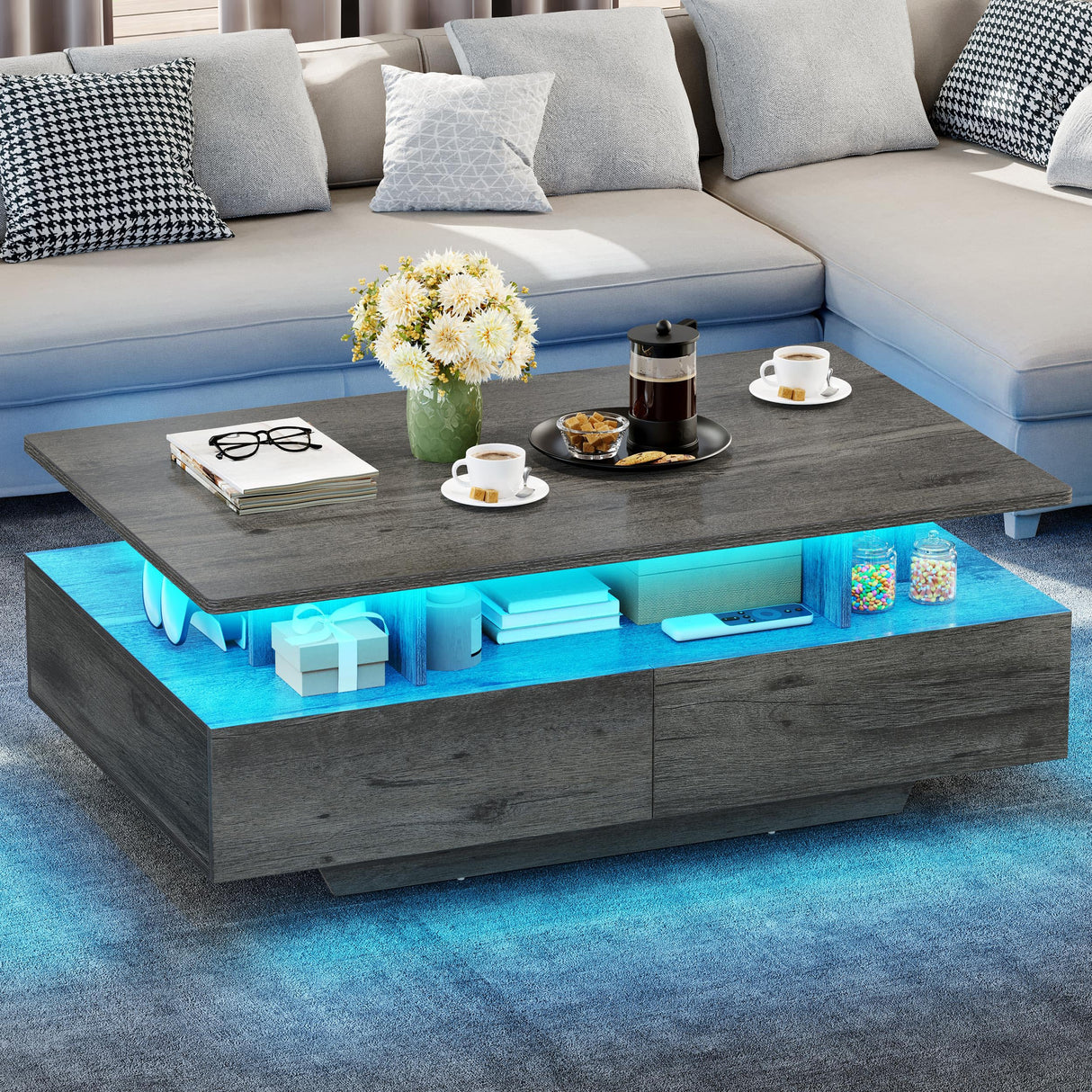 YITAHOME LED Coffee Tables for Living Room, Farmhouse Coffee Table with Storage 4 Drawers and Open Compartment, Modern Rectangle Coffee Tables Small Wood Tables for Home Decor, Office, Grey YITAHOME