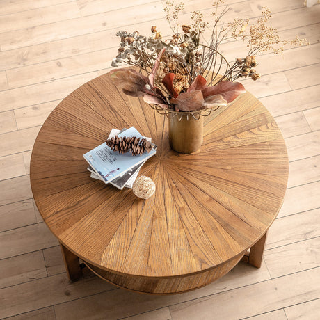 DS-HOMEPORT Wood Round Coffee Table for Living Room, 2 Tier Circle Coffee Table with Storage, Rustic Natural Coffee Table for Apartment, Easy Assembly (Espresso,35" Dx35 Wx18 H) DS-HOMEPORT