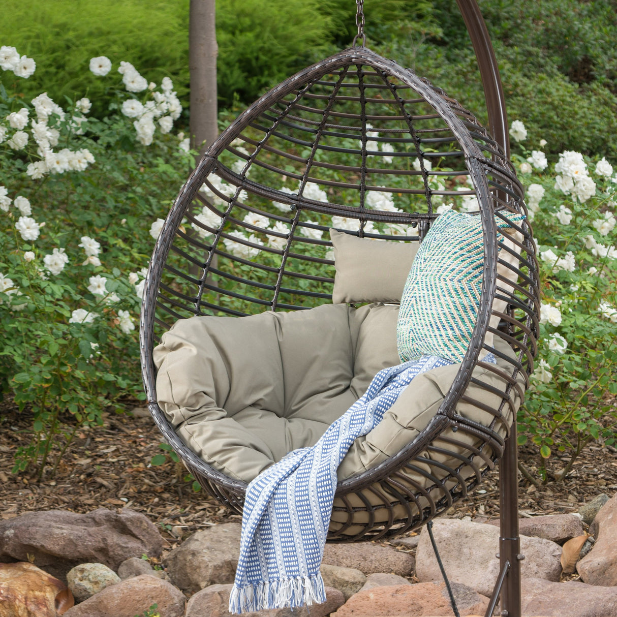 Roomfitters Outdoor Hanging Egg Chair with Woven Rattan Frame and Plush Cushion, Stand Not Included, Brown roomfitters