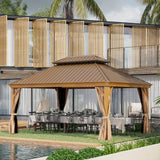 GAZEBEST 12' X 16' Permanent Hardtop Gazebo, Outdoor Galvanized Steel Double Roof Pavilion Pergola Canopy Wood-Looking with Aluminum Frame and Privacy Curtains for Garden,Patio Backyard,Deck and Lawns GAZEBEST