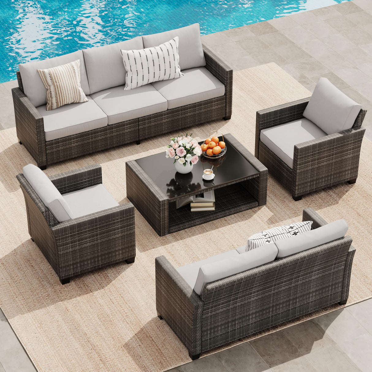 GarveeLife 5 Pieces Patio Furniture Set, 7-Seater Rattan Wicker Patio Conversation Sets with Coffee Table, Outdoor Sectional Patio Sofa Set, Grey Rattan and Grey Cushions GarveeLife