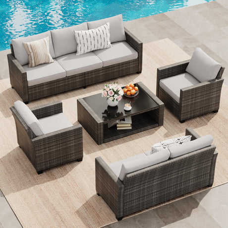 GarveeLife 5 Pieces Patio Furniture Set, 7-Seater Rattan Wicker Patio Conversation Sets with Coffee Table, Outdoor Sectional Patio Sofa Set, Grey Rattan and Grey Cushions GarveeLife