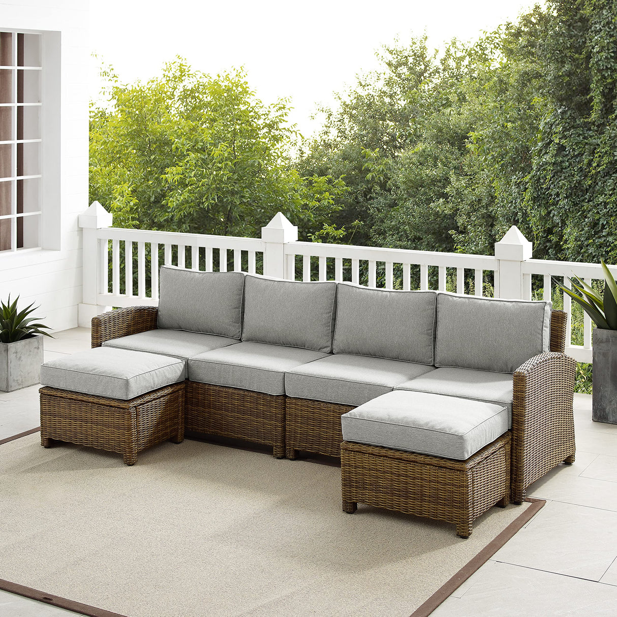 Crosley Furniture Bradenton 4-Piece Outdoor Sectional Sofa Wicker Conversation Patio Furniture Set for Deck, Brown with Gray Cushions Crosley Furniture
