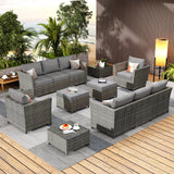 CAODOC 12 Pieces Outdoor Furniture Patio Sectional Sofa Couch Gray PE Wicker Conversation Sets with Ottomans Glass Coffee Table for Garden Poolside Backyard CAODOC