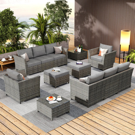 CAODOC 12 Pieces Outdoor Furniture Patio Sectional Sofa Couch Gray PE Wicker Conversation Sets with Ottomans Glass Coffee Table for Garden Poolside Backyard CAODOC