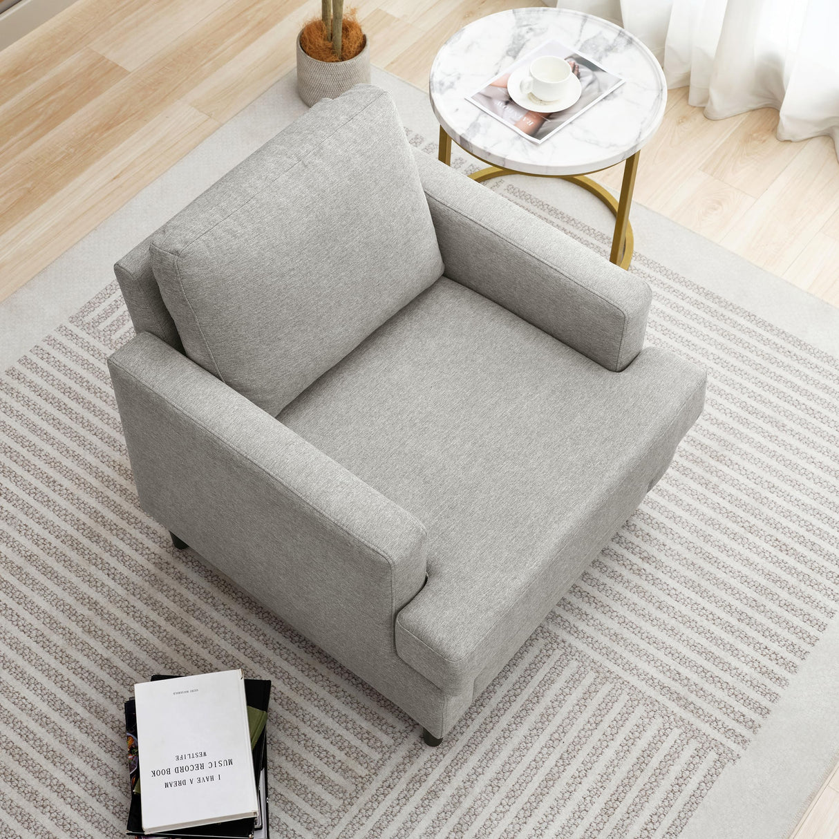 Weture Mid-Century Accent Chair,Modern Linen Fabric Armchair for Living Room,Comfy Upholstered Reading Accent Chairs for Bedroom,Single Sofa Chair with Wood Legs (Light Grey, 1 Pack) Weture