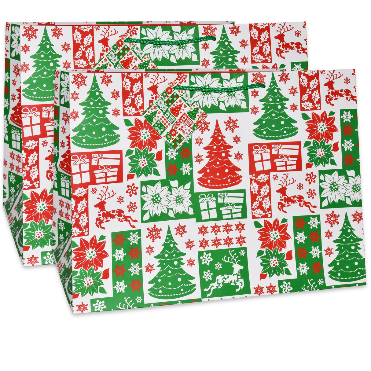 Gift Boutique 12 Jumbo Christmas Tote Bags with Handles 15" Wide X 11" High X 11" Deep Extra Wide Large Giant Reusable Grocery Shopping Paper Bags Big Gusset for Food Cookie Container & Foil Tin Pan Gift Boutique