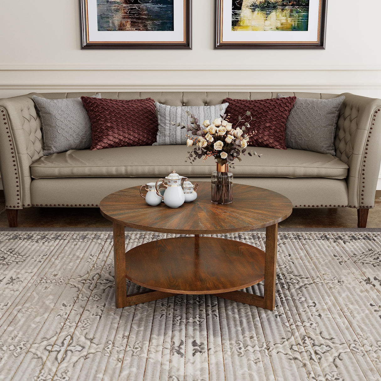 PADMA HOUSE 33.5" Round Wood Coffee Table, 2-Tier Solid Wood Rounded Circle Accent Coffee Table Center Cocktail Table Vintage Furniture for Home Living Room Bedroom,Espresso Brown 3338NC PADMA HOUSE