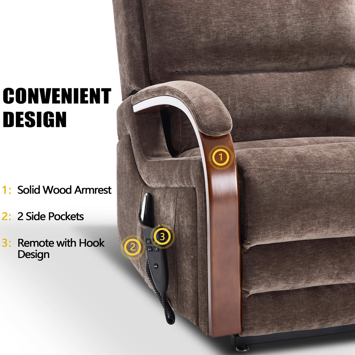 Power Lift Recliner Chair for Elderly People, Dual Motor Lift Chair with Vibration Massage and Heat, Lay Flat Recliner with Solid Wood Armrest, Standing Assistance Reclining, Chenille Fabric Brown EZZUP