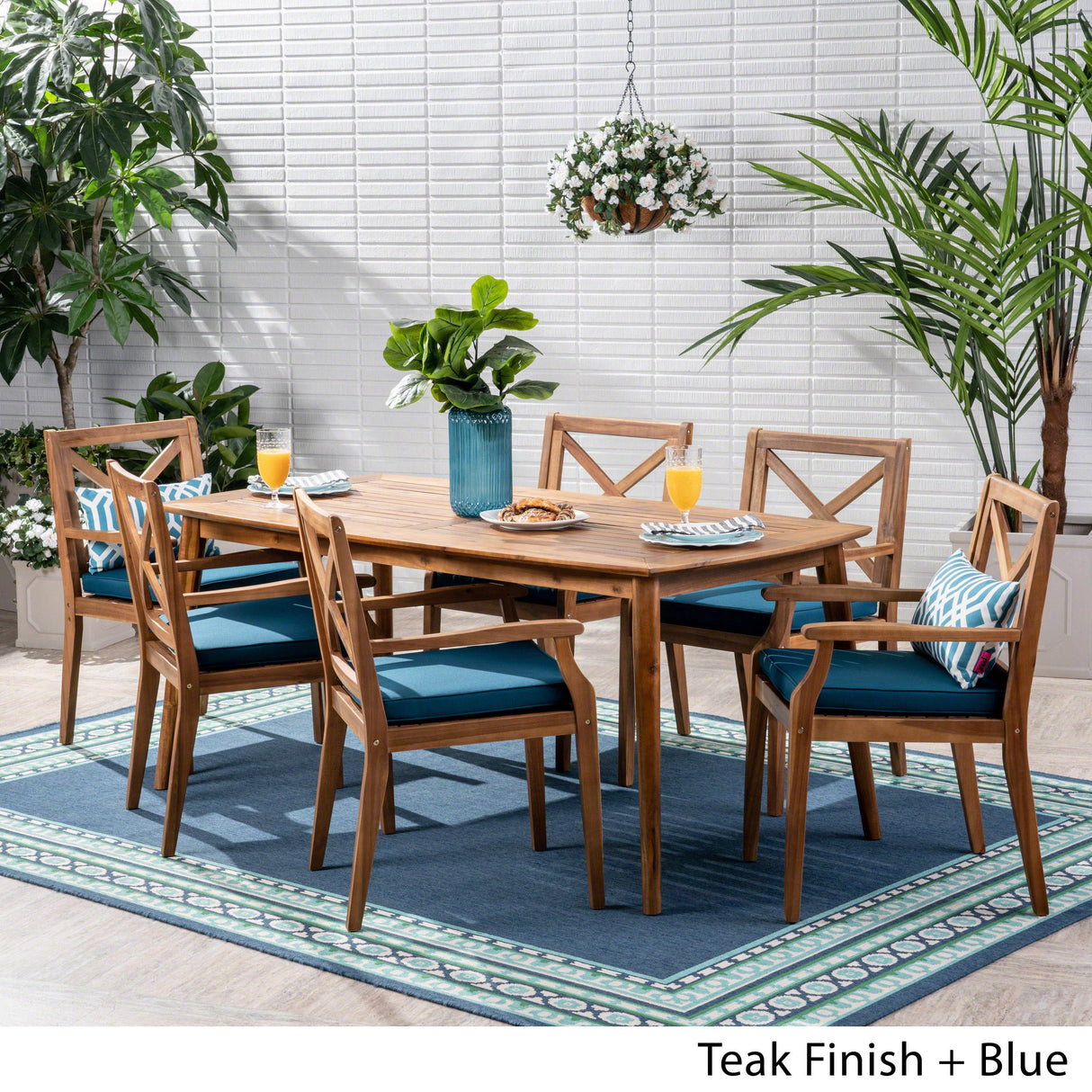 Christopher Knight Home Harvey Outdoor 7 Piece Acacia Wood Dining Set, Teak Finish/Blue Christopher Knight Home