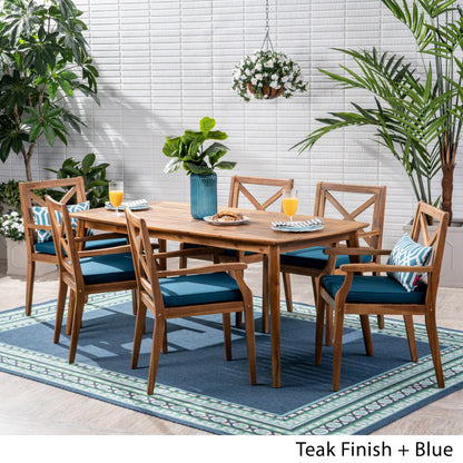 Christopher Knight Home Harvey Outdoor 7 Piece Acacia Wood Dining Set, Teak Finish/Blue - WoodArtSupply