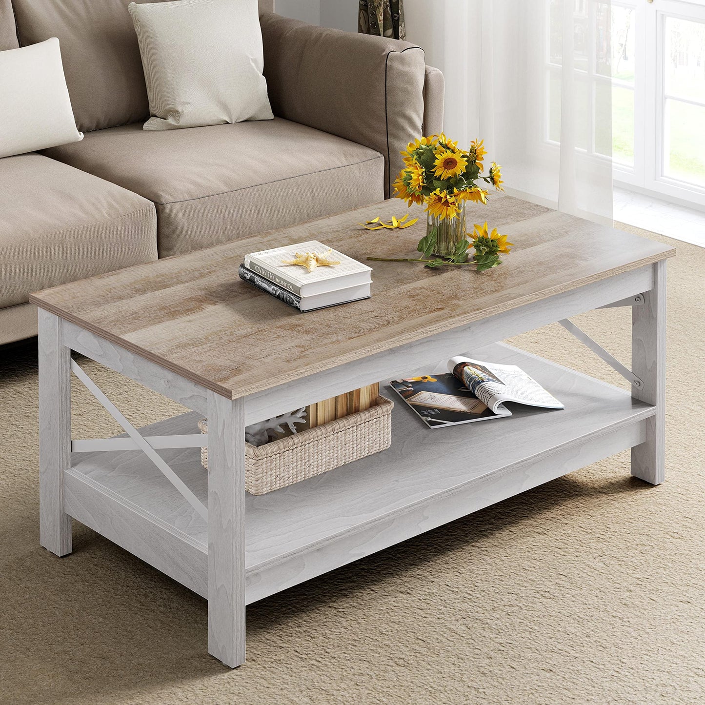 YITAHOME Coffee Table for Living Room,Modern Farmhouse Coffee Table with Storage,2-Tier Center Table for Living Room Wood Living Room Table Accent Cocktail with Sturdy Frame,Grey Wash - WoodArtSupply