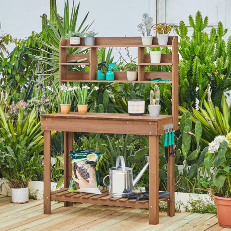 Yaheetech Potting Bench Table Horticulture Germination Table & Outdoor Garden Work Bench Platform w/Display Rack/Storage Shelf/Hanger/Thoughtful Sink Brown Yaheetech