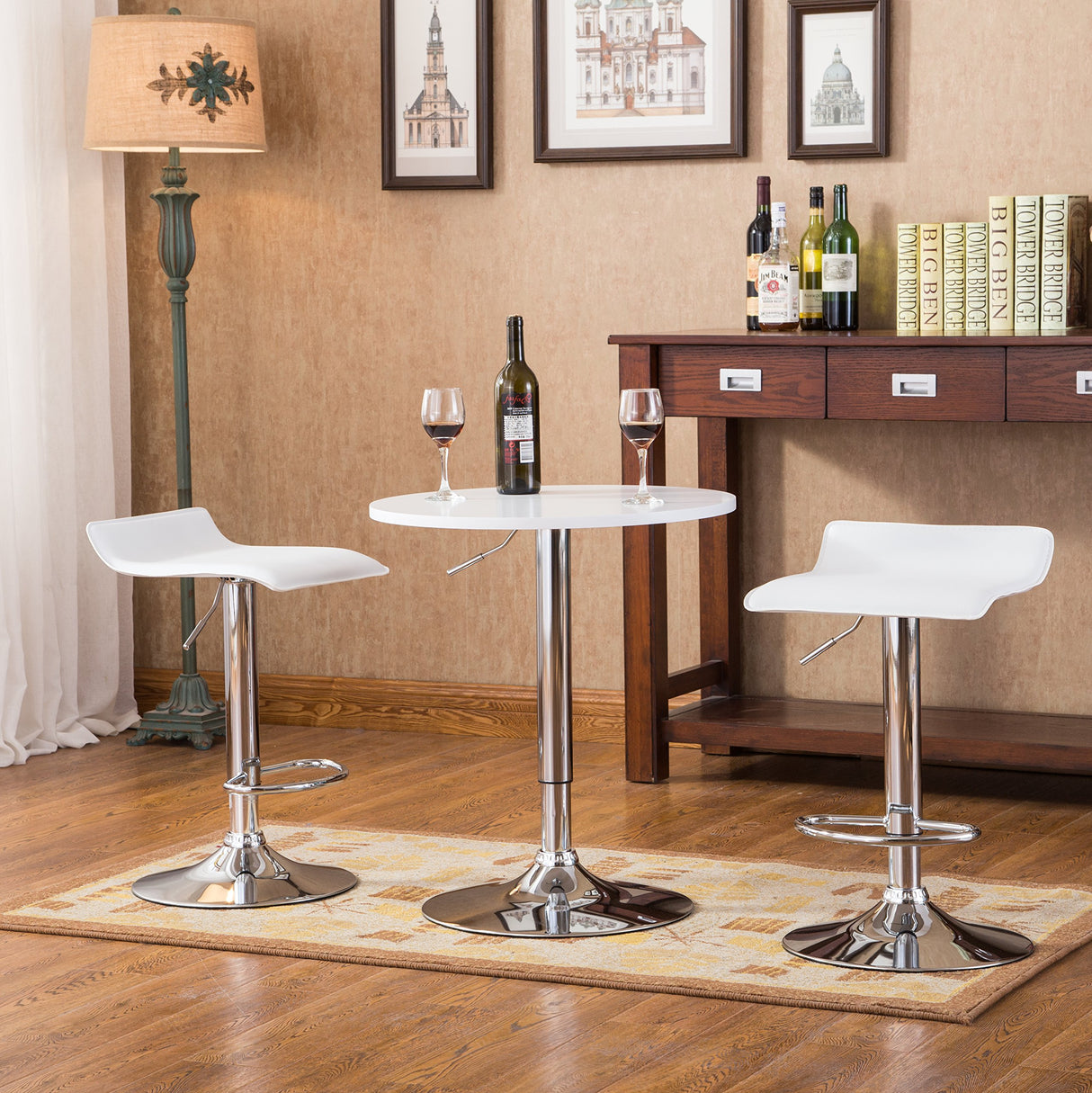 Roundhill Furniture Baxton White Adjustable Height Wood & Chrome Metal bar Table & 2 Chrome Air Lift Adjustable Swivel Stools Set Roundhill Furniture