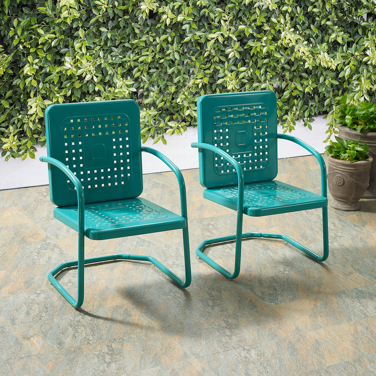 Crosley Furniture Bates 2-Piece Outdoor Chair Set, Retro Metal Patio Chairs for Dining, Porch, Deck, Balcony, Turquoise Gloss Crosley Furniture