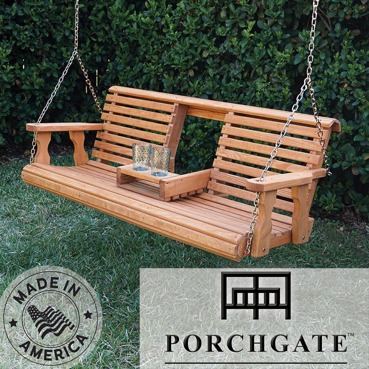 Porchgate Amish Heavy Duty 800 Lb Rollback Console Treated Porch Swing with Hanging Chains (Cedar Stain) Porchgate