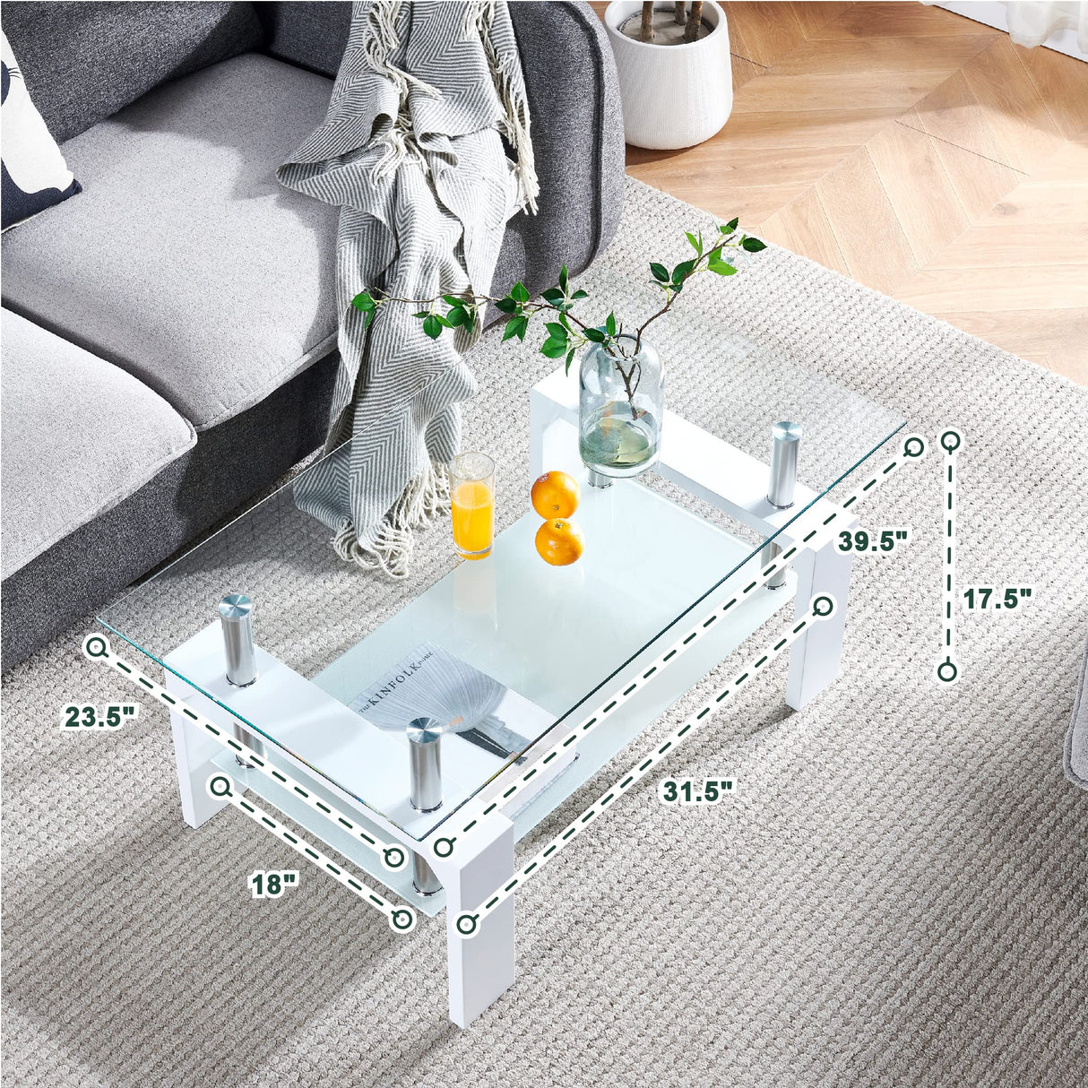 Btrpily Living Room Rectangle Coffee Table, Tea Table Suitable for Waiting Room, Modern Side Coffee Table with Wooden Leg, Glass Tabletop with Lower Shelf, 39.5*23.5*17.5 inches , White Btrpily