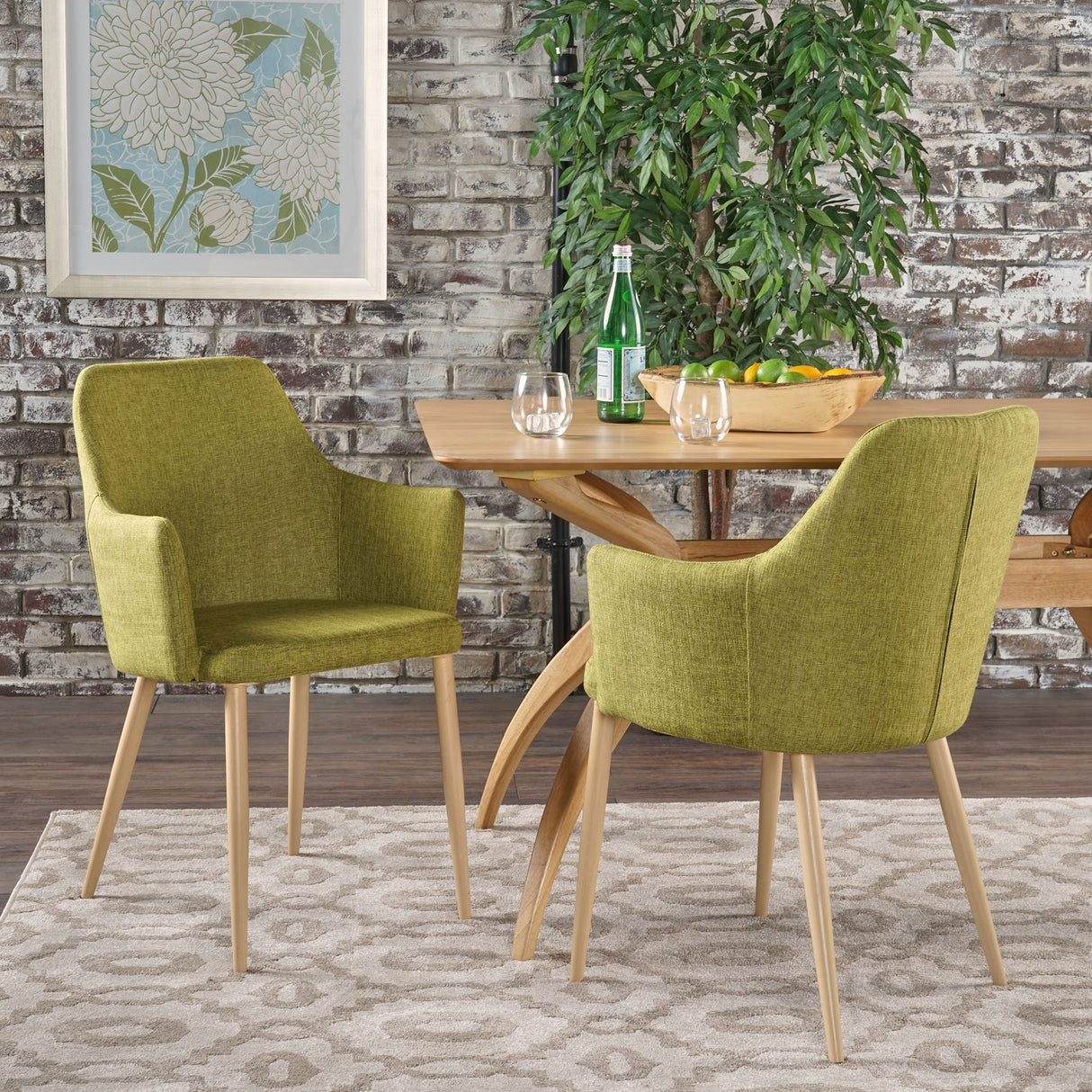 Christopher Knight Home Zeila Mid-Century Modern Fabric Dining Chair with Wood Finished Metal Legs, 2-Pcs Set, Green / Light Brown Christopher Knight Home