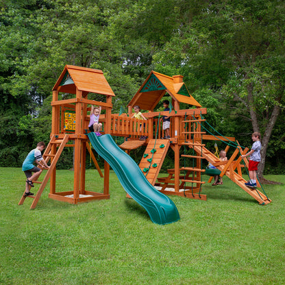 Gorilla Playsets 01-0006-AP Pioneer Peak Wood Swing Set with Wood Roof, Tire Swing, Clatter Bridge and Tower, Ramp, Slide, Two Swings, Amber