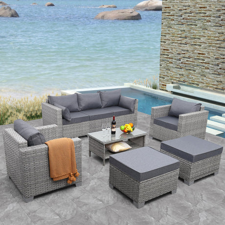 WAROOM Patio Furniture Set 6 Piece Outdoor Patio Set Grey Wicker Balcony Furniture Conversation Sets PE Rattan Couch Sofa with Coffee Table, Grey Cushion WAROOM