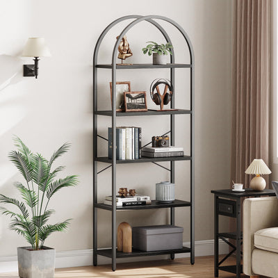 5-Tier IDEALHOUSE Arched Black Bookshelf with Metal Frame - Tall Open Storage Rack for Home or Office