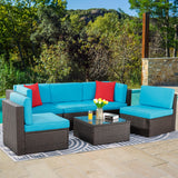 Vongrasig 6 Piece Small Patio Furniture Sets, Outdoor Sectional Sofa All Weather PE Wicker Patio Sofa Couch Garden Backyard Conversation Set with Glass Table,Blue Cushions and Red Pillows (Blue) Vongrasig