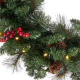 National Tree Company Pre-Lit Artificial Christmas Wreath, Green, Crestwood Spruce, White Lights, Decorated with Pine Cones, Berry Clusters, Frosted Branches, Christmas Collection, 24 Inches National Tree Company