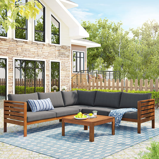 AOCHUANG Eucalyptus Wood 4 Piece Sectional Sofa Set Coffee Table Removable Cushion,Patio Seating Group L Shape Corner Garden Backyard Poolside (Natural Wood+Gray), 58.7inch x 27.6inch 25.1inc - WoodArtSupply