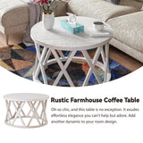 COZAYH Farmhouse Coffee Table, Rustic Round Coffee Table with X-Motifs Legs, Wood Textured Top, for Boho, French Country Decor, Antique White COZAYH