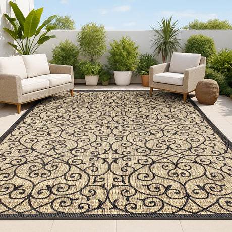 JONATHAN Y Vintage Filigree Indoor Outdoor Area Rug 8X10 Black/Khaki, Madrid Textured Weave for Backyard, Patio, Porch, Easy-Cleaning, High Traffic, Pet-Friendly, Non-Shedding (SMB107A-8) JONATHAN Y