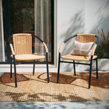 EMMA + OLIVER Set of 4 Modern Rattan Indoor/Outdoor Stack Chairs, Stacking Rattan Patio Chairs with Curved Back and Cross Bracing, Beige EMMA + OLIVER