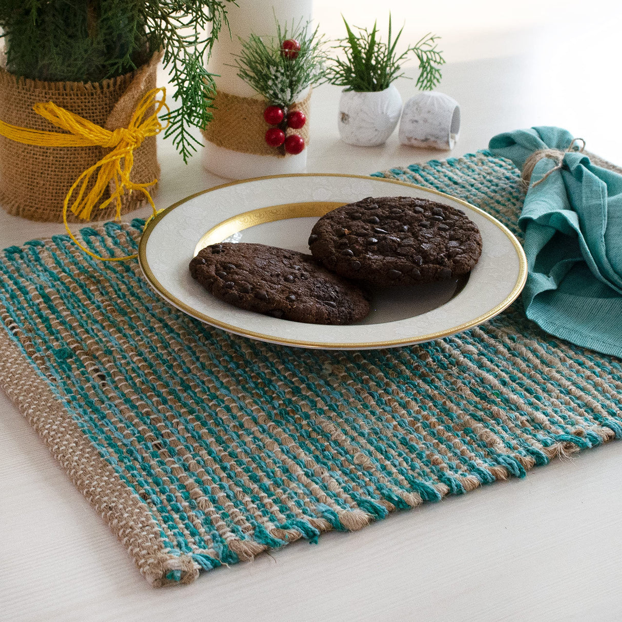 Chardin Home Natural Jute & Aqua Turquoise Placemats, Set of 4 – Rustic Handmade Boho Table Mats, 13x19 in Dining Table Placemats - Kitchen, Everyday Meals, Holidays, Farmhouse or Modern Table Décor Chardin home
