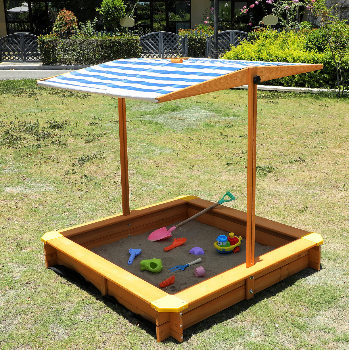 Kids Sandbox with Cover, 46" Wooden Sand Box w/Adjustable Canopy, Large Outdoor Cedar Sandpit for Backyard Play Mederra