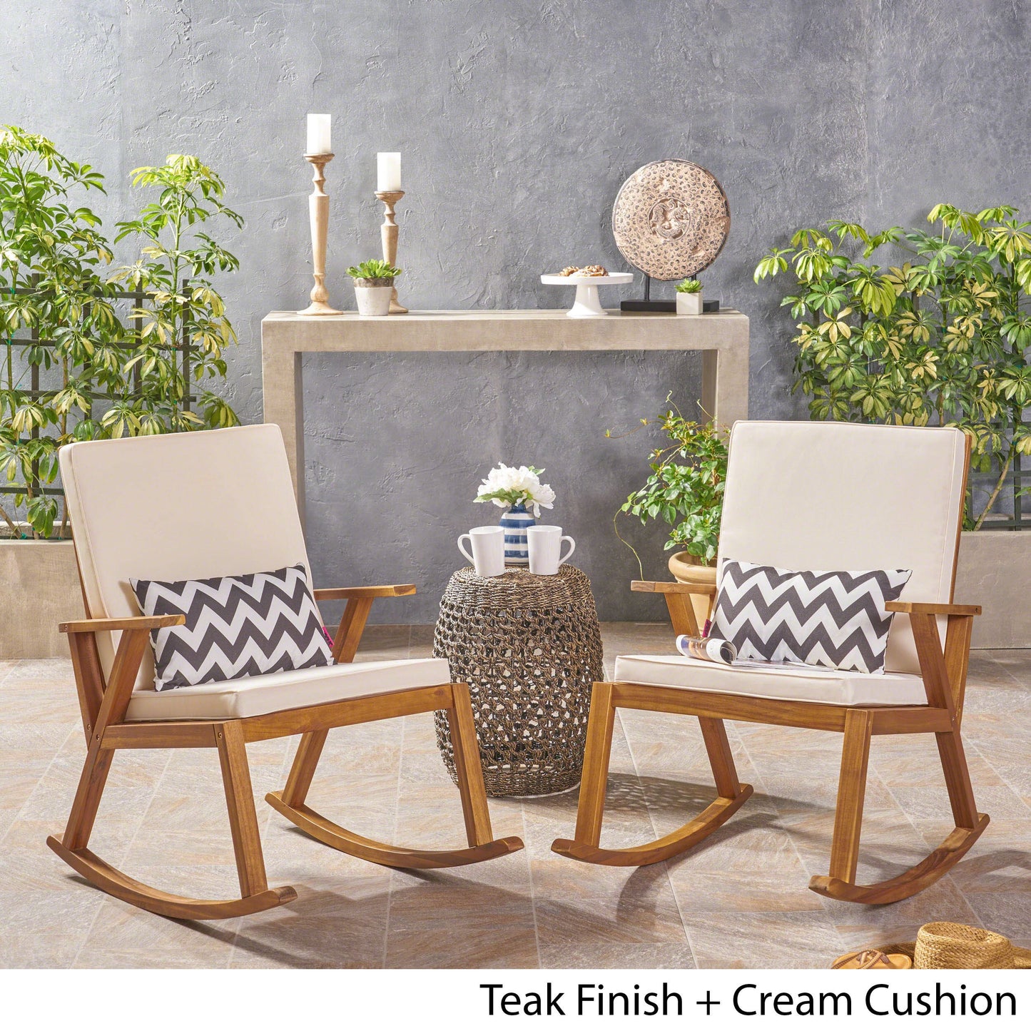 Christopher Knight Home Andy | Outdoor Acacia Wood ocking Chair with Water-Resistant (Set of 2), Teak Finish/Cream Cushion - WoodArtSupply