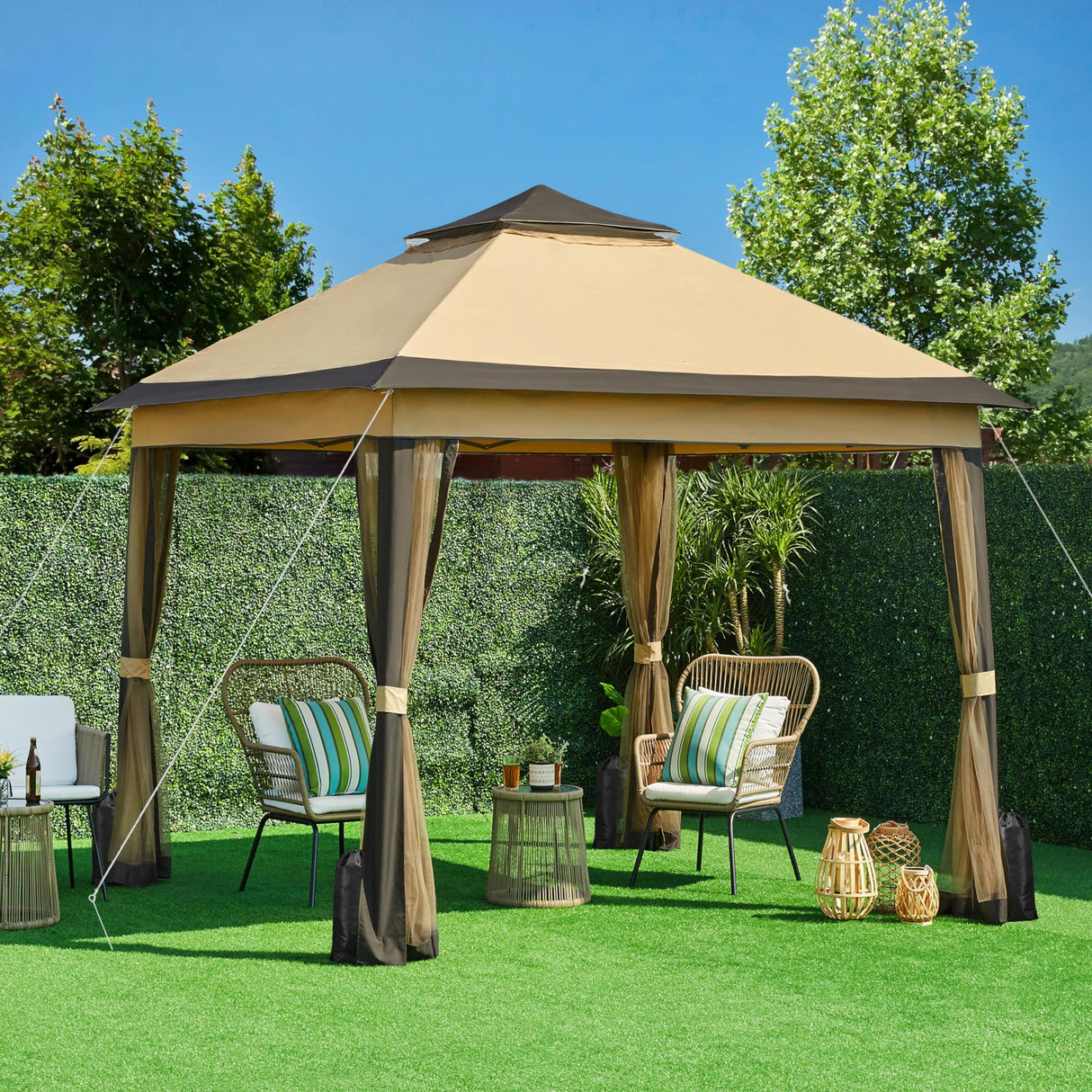 Yaheetech 11x11 Pop Up Gazebo Outdoor Canopy Shelter, Instant Patio Gazebo Sun Shade Canopy Tent with 4 Sandbags, Double Tiers & Mesh Netting for Lawn, Garden, Backyard & Deck, Khaki Yaheetech