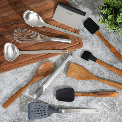 Babish 11 Piece Essential Teak Wood, Silicone, and Stainless Steel Tool Set