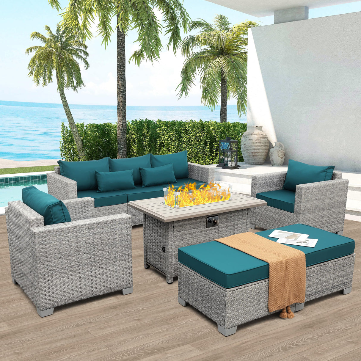 WAROOM Patio Furniture Set 6 Piece Grey Wicker Outdoor Furniture Patio Sectional Sofa Couch PE Rattan Conversation Sets with Fire Pit Table, Peacock Blue Cushion WAROOM