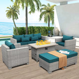 WAROOM Patio Furniture Set 6 Piece Grey Wicker Outdoor Furniture Patio Sectional Sofa Couch PE Rattan Conversation Sets with Fire Pit Table, Peacock Blue Cushion WAROOM