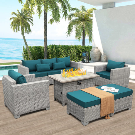 WAROOM Patio Furniture Set 6 Piece Grey Wicker Outdoor Furniture Patio Sectional Sofa Couch PE Rattan Conversation Sets with Fire Pit Table, Peacock Blue Cushion WAROOM