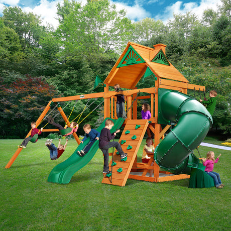 Gorilla Playsets 01-0005-AP Mountaineer Wooden Swing Set with Two Slides & Wood Roof, Brown Gorilla Playsets
