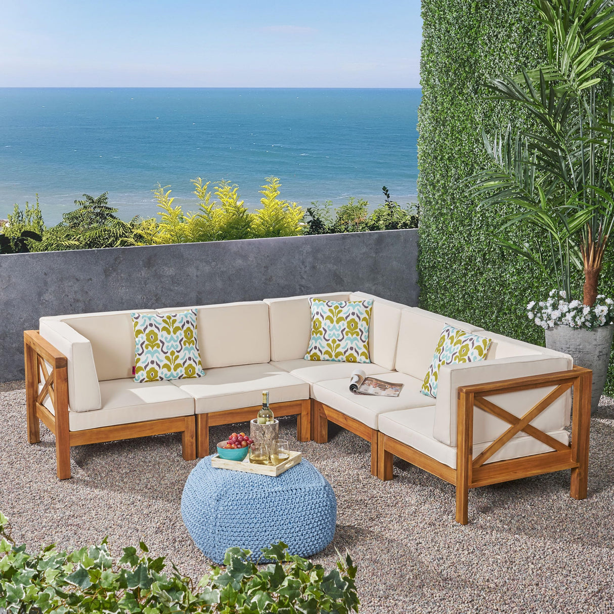 Christopher Knight Home Outdoor Acacia Wood 5 Seater Sectional Sofa Set with Water-Resistant Cushions, Teak and Beige Christopher Knight Home
