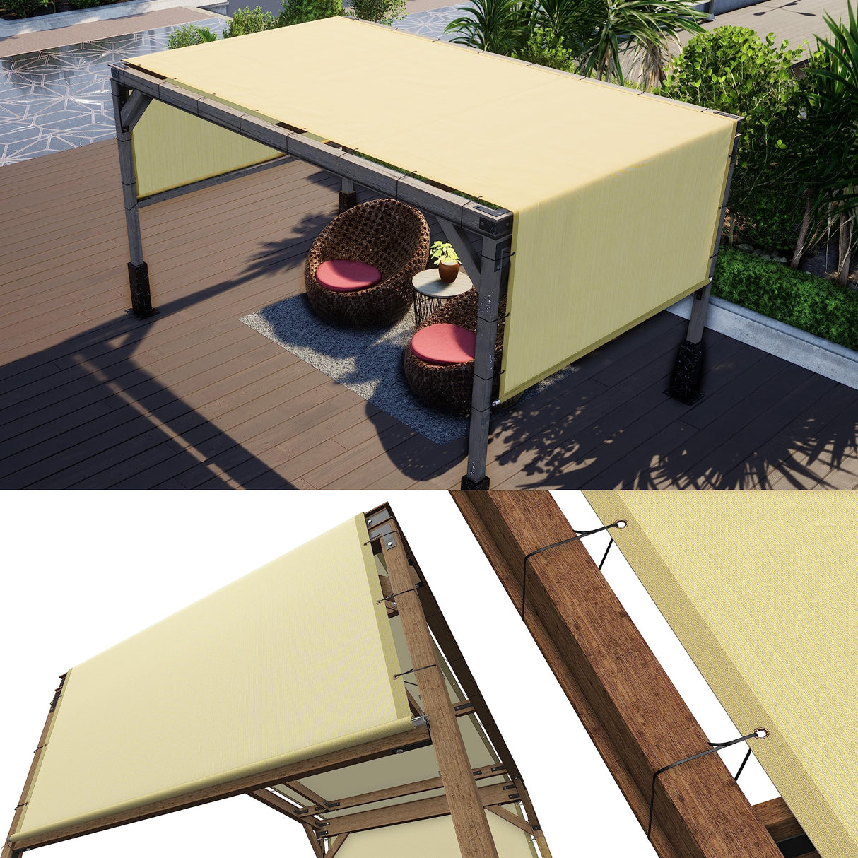 ColourTree 10' W x 20' L Beige Pergola Sun Shade Canopy Replacement Cover, Commercial Grade 260 GSM Cloth for Outdoor Patio, Includes Stainless Steel Weighted Rods (We Make Custom Size) ColourTree