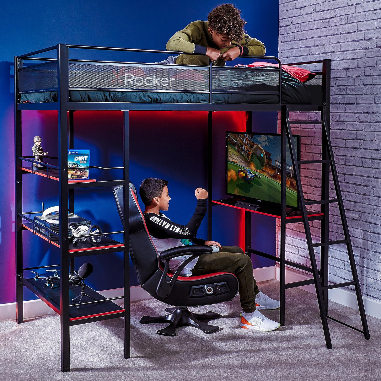 X Rocker Fortress Video Gaming Twin Loft Bed, Durable Black Metal Bed Frame, Built-in Desk and 3 Shelves, 77.64" x 59.17" x 72.05" X Rocker