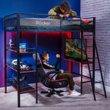 X Rocker Fortress Video Gaming Twin Loft Bed, Durable Black Metal Bed Frame, Built-in Desk and 3 Shelves, 77.64" x 59.17" x 72.05" X Rocker